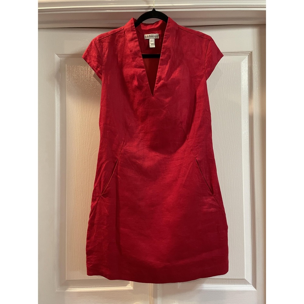 Neiman Marcus Dress Womens S Red Linen V Neck Shift Short Sleeve Pockets Lined